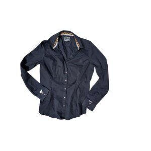 Express Womens Button-Down Shirt Black Leopard Collar Detail Cotton Blend Slim